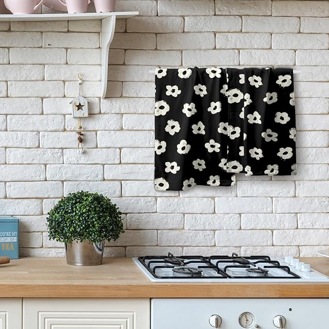 Modern Style Kitchen Towels Set of 2 Black Floral Dish Towels Quick Dry Microfiber