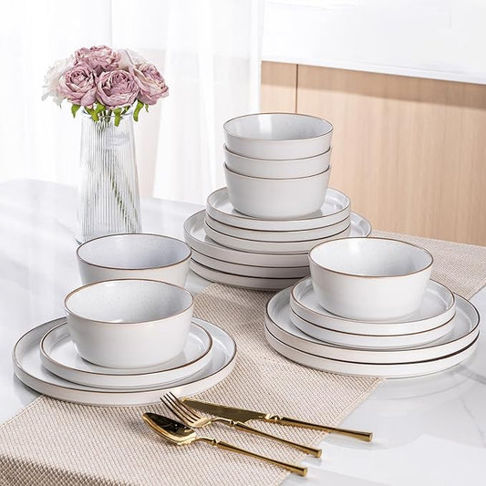 AmorArc Dinnerware Set for 4, 12 Pieces Ceramic Plates and Bowls Set, Handcrafted Speckled Stoneware Plates, Dishwasher & Microwave Safe Dishes- (White, Service for 4)