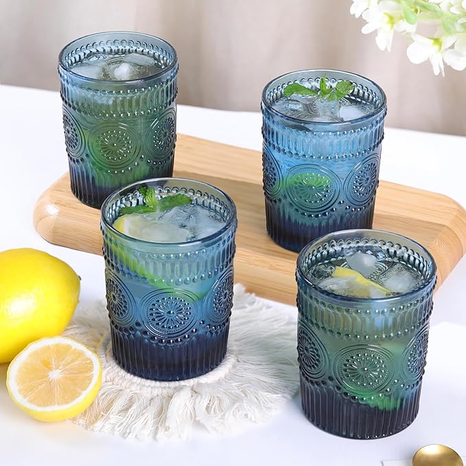 Vintage Glassware Drinking Glasses Set of 4-10.5 oz Blue Glasses Water Tumbler, Embossed Glassware Cups for Juice, Beer, Cocktail, Whiskey, Various Mixed Drinks