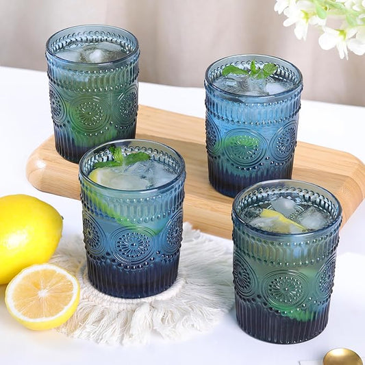 Vintage Glassware Drinking Glasses Set of 4-10.5 oz Blue Glasses Water Tumbler, Embossed Glassware Cups for Juice, Beer, Cocktail, Whiskey, Various Mixed Drinks