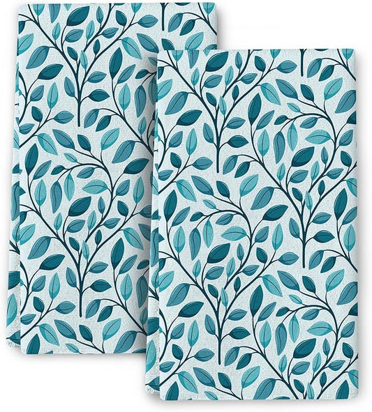 Green Leaves Kitchen Dish Towels Set of 2 Decorative Absorbent Tea Towels 15.7x27.5 Botanic Pattern