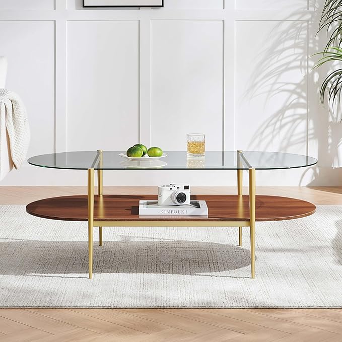 X-Large Oval Glass Coffee Table, Mid-Century Modern Design, L47 x W24 x H17 inch, for Living Room, Clear Glass Top and Walnut Finish Wood Shelf, Conical Legs with Gold Finish Frame