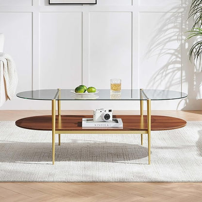X-Large Oval Glass Coffee Table, Mid-Century Modern Design, L47 x W24 x H17 inch, for Living Room, Clear Glass Top and Walnut Finish Wood Shelf, Conical Legs with Gold Finish Frame