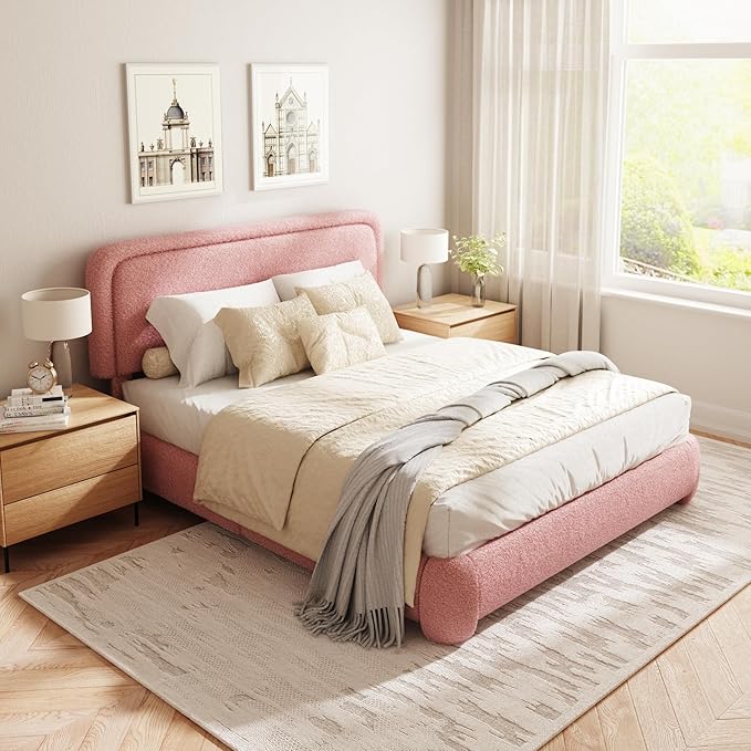 Queen Size Boucle Bed Frame, Cloud Upholstered Platform Bed with Height Adjustable Headboard & Soft Rounded Corners, No Box Spring Needed, Noise Free, Easy Assembly, Pink