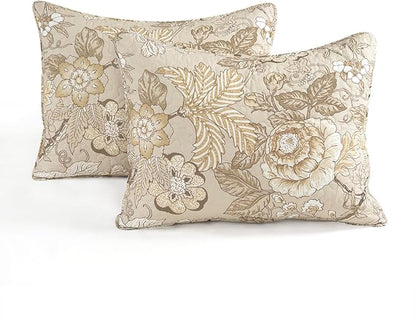 Lush Decor Sydney Reversible Cotton Quilt Set Queen 3 Piece Bedding, Beige Floral Neutral