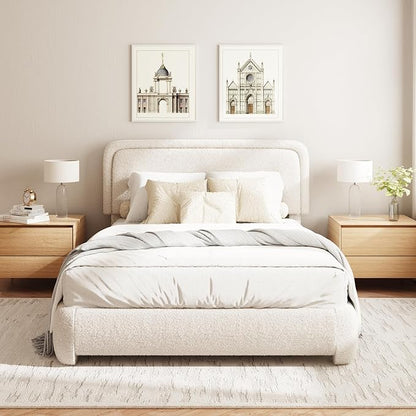 Full Size Boucle Bed Frame, Cloud Upholstered Platform Bed with Height Adjustable Headboard & Soft Rounded Corners, No Box Spring Needed, Noise Free, Easy Assembly, Beige