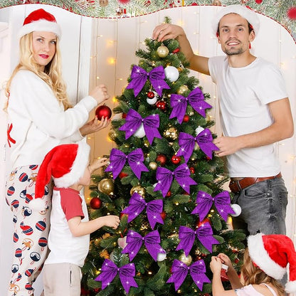 Cindeer 24 Pcs Purple Christmas Bow Decorations 6 x 6 Inches, Glitter Holiday Ornaments Sequin Ties Bows for Xmas Tree, Wreath, DIY Crafts, Gift Wrapping, Party Decor
