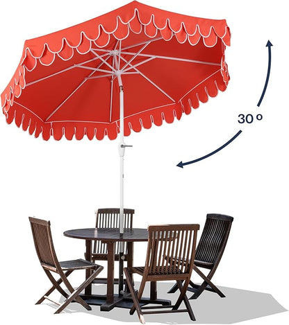 JONATHAN Y UMB1002F Tracy 9 ft. Classic MidCentury Scalloped Fringe Market Patio Umbrella with Auto-Tilt Crank, Wind Vent and UV Protection in Coral Red/White, White Pole