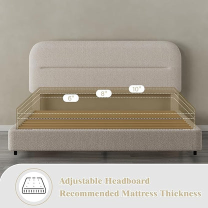 Full Size Boucle Bed Frame, Upholstered Full with Headboard, Soft BedFrame with Thickened Footboard, Soft Rounded Corners, No Box Spring Required, Easy Assembly, Cream