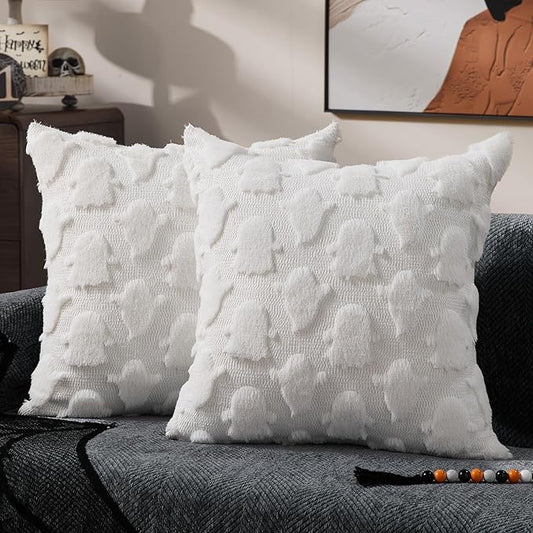 DFXSZ Halloween Pillow Covers 18x18 inch Set of 2 White Ghost Throw Pillow Cases Soft Plush Faux Fur Wool Cushion Case for Chair Bedroom Living Room Home Decor PTK03R18