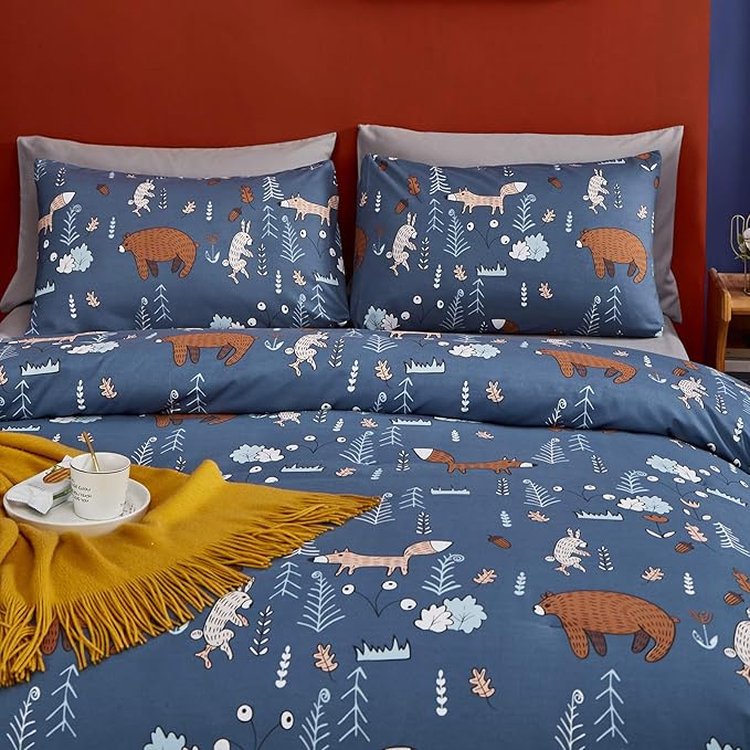 CLOTHKNOW Animal Full Size Comforter Sets Kids Blue Bedding Comforter Sets Cartoon Rustic Fox Rabbit Comforter with 2 x Pillow Cases