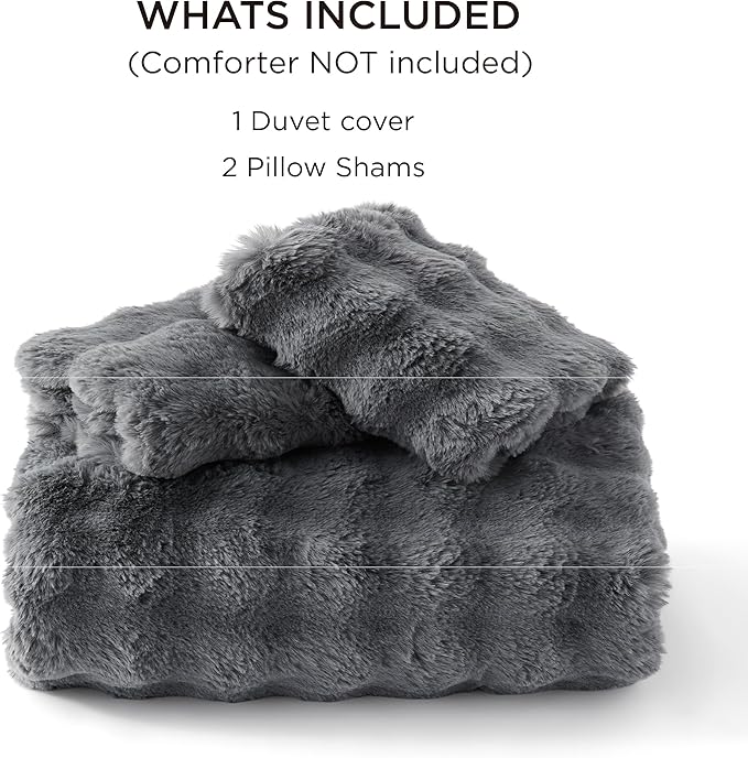 Bedsure Luxurious Faux Fur Duvet Cover King Size Set - Ultra Soft & Fluffy & Cozy & Warm - Elegant Shaggy Bubble Design Bedding with Duvet Cover and Pillow Shams, Grey