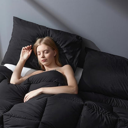 DOWNCOOL Full Size Comforter Sets -All Season Bedding Comforters with 2 Pillow Cases -3 Pieces Bed Set Down Alternative Comforter -Black Bedding Sets (82"x86")