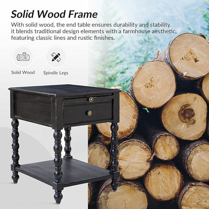 HULALA HOME Spindle Nightstands with Charging Station, Solid Wood Nightstand with Drawer Shelf, Side Table with Pull-Out Shelf (Charcoal)