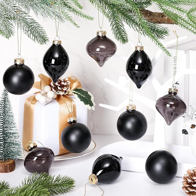 Zomiboo 12 Pcs Black Glass Christmas Ball Ornaments Set 3.15" Hanging Shatterproof Glass Bulbs for Christmas Tree Baubles Bulk for Holiday Xmas Tree Decorations Gifts