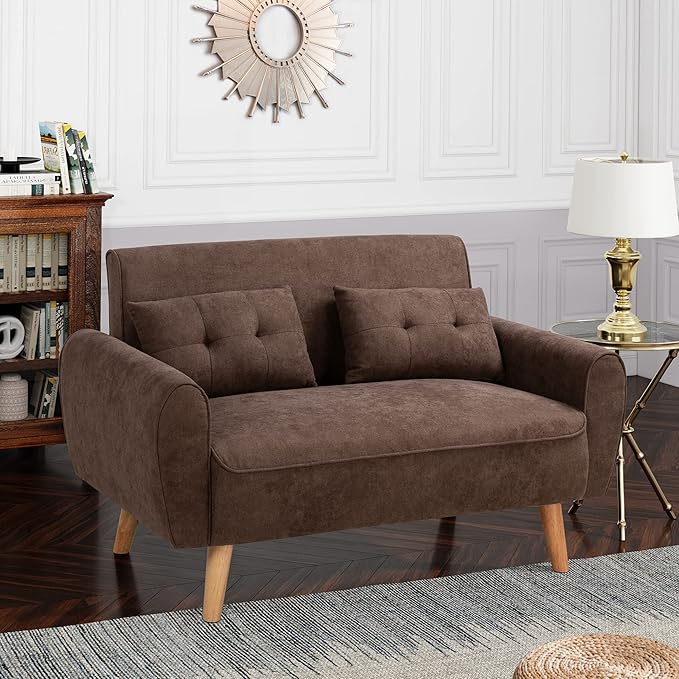 Shintenchi Loveseat Sofa Couch Mid Century Fabric Upholstered 2 Seater with Pillows, Brown