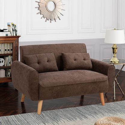 Shintenchi Loveseat Sofa Couch Mid Century Fabric Upholstered 2 Seater with Pillows, Brown