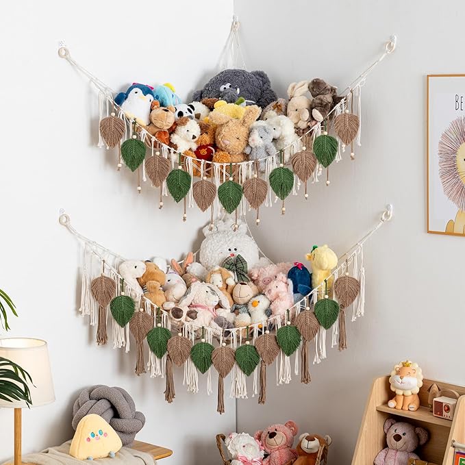 Pretty Jolly Stuffed Animal Storage with Hand Woven Leaf Tassels Hammock Corner Hanging Net Boho Macrame Plush Storage for Kid Room Nursery Decor Wall Display for Girls Gift(Green&Coffee)