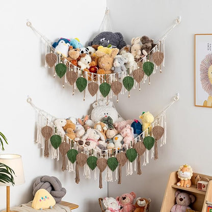 Pretty Jolly Stuffed Animal Storage with Hand Woven Leaf Tassels Hammock Corner Hanging Net Boho Macrame Plush Storage for Kid Room Nursery Decor Wall Display for Girls Gift(Green&Coffee)
