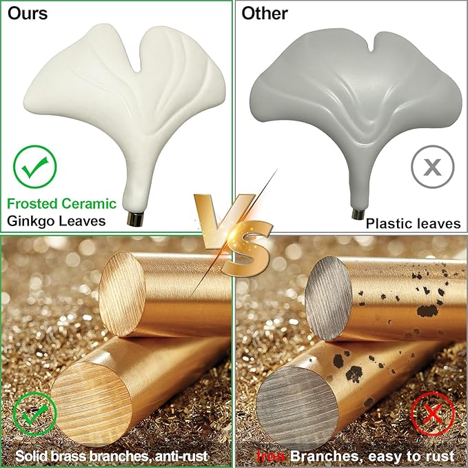 39" Dining Room Modern Leaf Chandelier, Gold Branch Chandeliers with Ceramic Ginkgo Leaves, 5-Light Hanging Brass Pendant Light Fixture for Living Room, Dining Room, Foyer High Ceiling