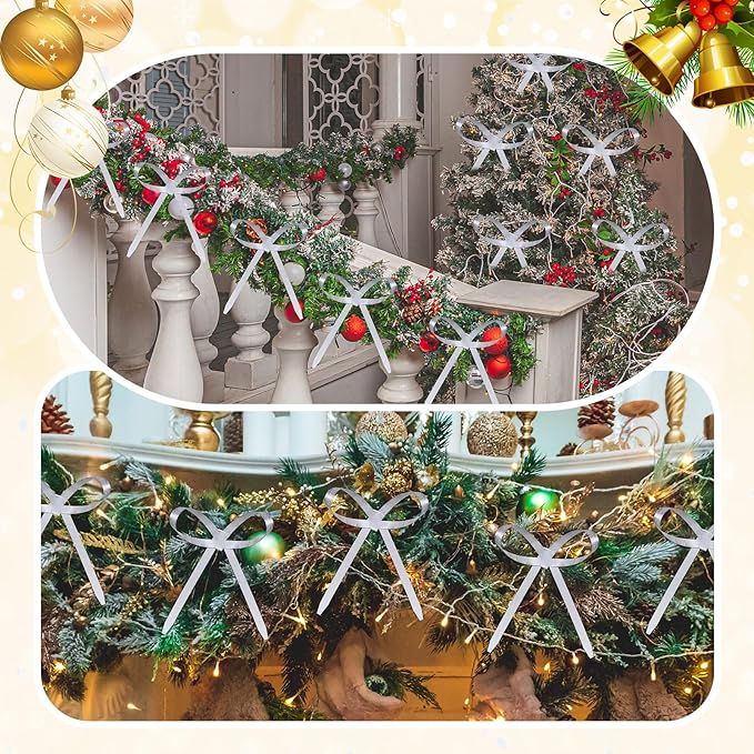 20 Pcs Christmas Metal Bow Ornaments with Clip, 5 x 6 Inch Christmas Bows Door Garland Decor Vintage Wreath Bow for Tree, Wreath, Gift Wrapping (20, White)