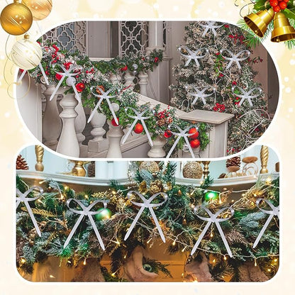 20 Pcs Christmas Metal Bow Ornaments with Clip, 5 x 6 Inch Christmas Bows Door Garland Decor Vintage Wreath Bow for Tree, Wreath, Gift Wrapping (20, White)