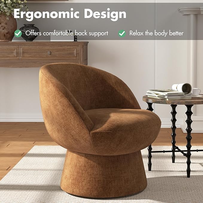 360° Swivel Accent Chair with Curved Back, Modern Brown Chenille Upholstered Round Barrel Chair, Bucket Armchair for Small Space,Living Room, Bedroom