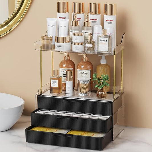 Bathroom Organizers and Storage, Makeup Organizer (Sturdy Durable Attractive), Ideal for Vanity, Countertop, Counter, Perfume, Skincare, Cabinet, Cosmetic, Dresser Organizer (Deep Black)