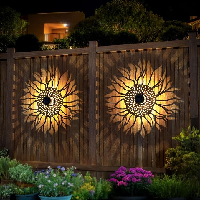 Solar Fence Lights 4 Pack Solar Deck Lamps Outdoor Decorations Powered Step Lights Wall Waterproof LED Warm Decorative Lighting for Garden (Sunflower, 4)