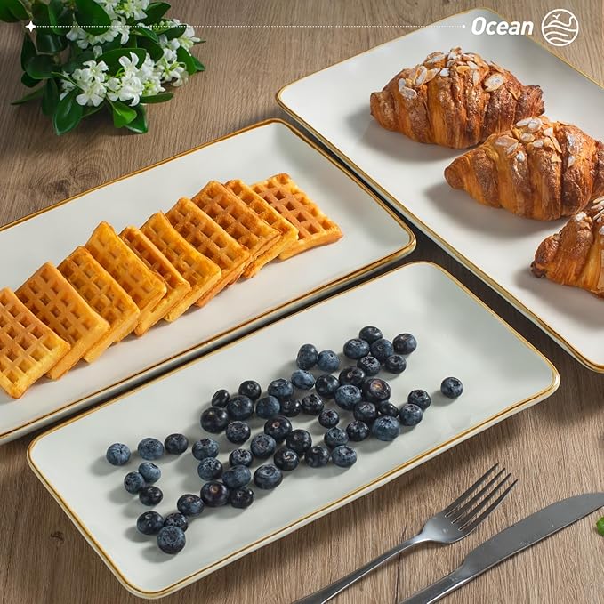 famiware Serving Platter, Rectangular 15.67/14.1/12.6inch Serving Dishes for Entertaining, Microwave Dishwasher Safe, Stoneware for Party, Turkey, Cheese, Ocean Series, Vanilla White