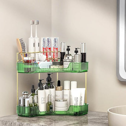 2 Tier Corner Bathroom Organizer Countertop, Vanity Makeup Organizer with Brush Holder, Space-Saving Skincare Storage Corner Shelf for Bathroom, Kitchen