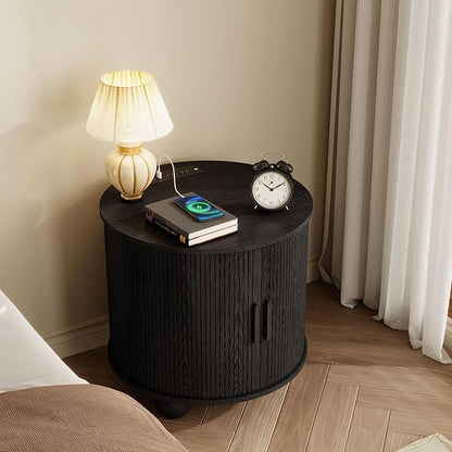 24" Round Nightstand with Charging Station, Mid-Century Modern Large Wood End Table with Storage & Sliding Door, Accent Side Tbale for Living Room Bedroom (Round, Black)