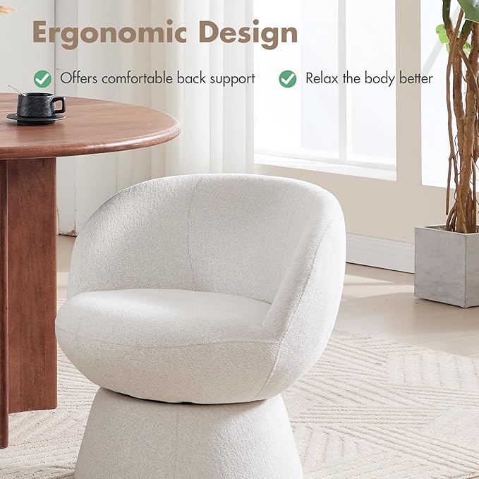 360° Swivel Accent Chair with Curved Back, Modern White Chenille Upholstered Round Barrel Chairs, Vanity Chair, Bucket Armchair for Small Space,Living Room, Bedroom