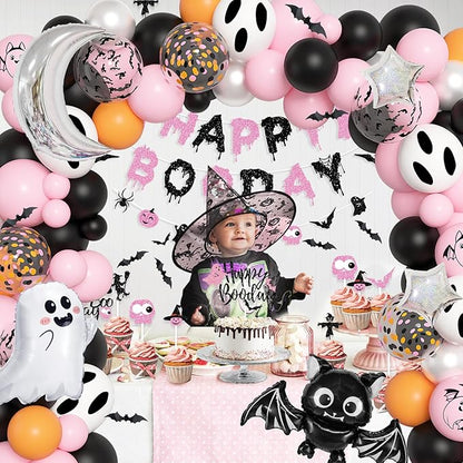Amandir Pink Black Halloween Birthday Party Decorations, Happy Boo Day Glitter Banner Halloween Balloon Arch Garland kit Foil Bat Ghost Balloons Cake Toppers for Kids Girl Spooky Baby Shower Supplies