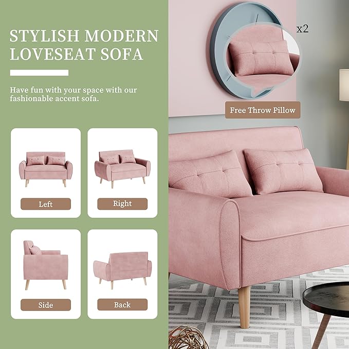 Vongrasig Small Modern Loveseat Sofa 47" Mid Century Linen 2 Seat Couch Tufted Love Seat, Pink
