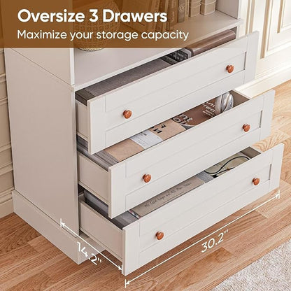 Vyre 71" Tall Farmhouse Bookshelves with Glass Doors and Drawers, Set of 4 – Large Modular Bookcase with Adjustable Shelves, Storage Cabinet for Living Room, Kitchen, White