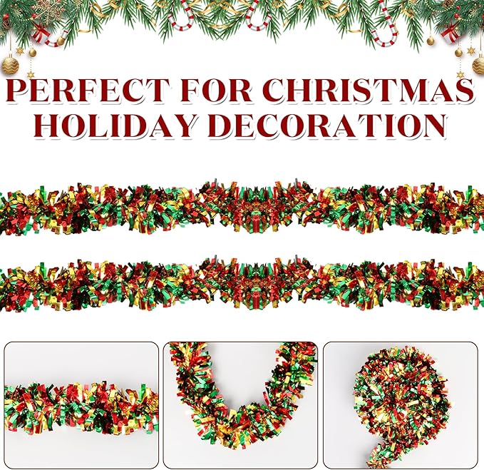50Ft Christmas Tinsel Garland - Red Green Gold Shiny Metallic Twist Decor for Christmas Tree Home Stairs Railing Front Door Mantle Fireplace Indoor Outdoor Holiday Party