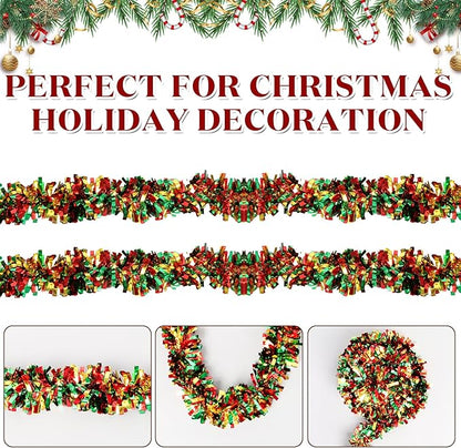 50Ft Christmas Tinsel Garland - Red Green Gold Shiny Metallic Twist Decor for Christmas Tree Home Stairs Railing Front Door Mantle Fireplace Indoor Outdoor Holiday Party