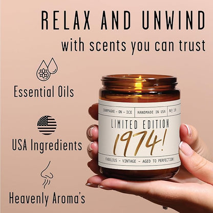 51st Birthday Gifts for Women - 'Limited Edition 1974' Soy Candle, w/Champagne on Ice I 51 Birthday Gifts for Women I 51st Gift for Her Ideas I 9oz Reusable Jar, 50Hr Burn, Made in USA