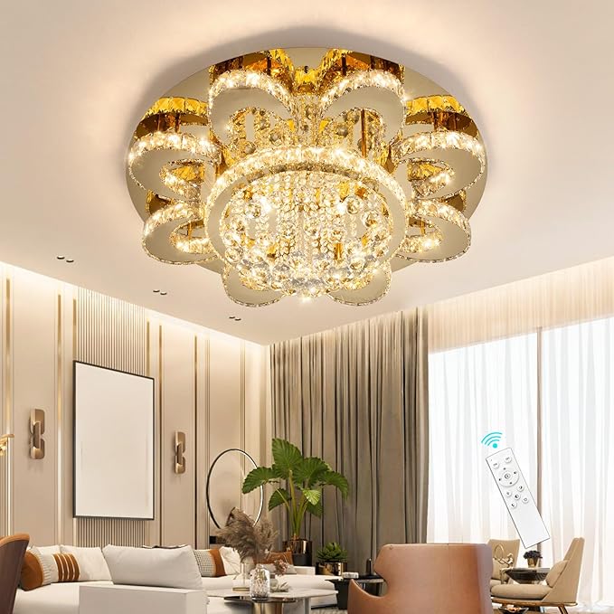 Modern Chandelier Living Room Glam Chandeliers Ceiling Light Fixture Remote Dimmable Lights 32 Inches Luxury Crystal Gold Light