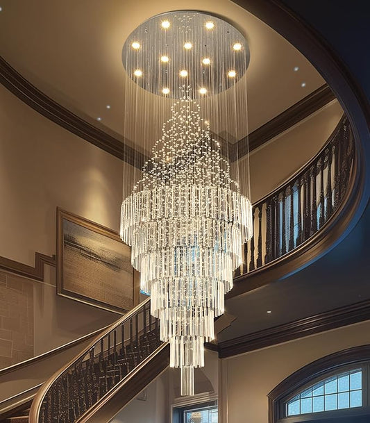 W32 x H120 Glam Chandelier with LED Bulbs Crystal Raindrop High Ceiling Pendant Light for Entrance Large Villa Chandelier Foyer Lighting Fixtures Silver