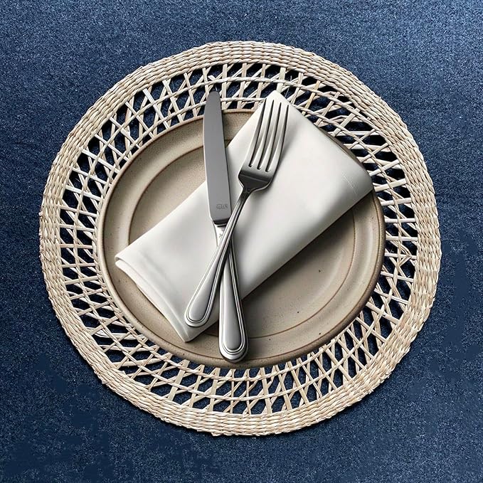 15" Set of 4 Round Flower Seagrass Placemats | Boho Woven Rattan Table Mats | Farmhouse Wicker Spring Plate Chargers Like Water Hyacinth, Corn Husk for Wedding, Party, Christmas, Events