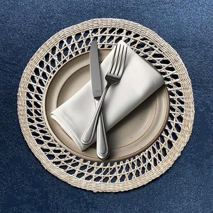 15" Set of 4 Round Flower Seagrass Placemats | Boho Woven Rattan Table Mats | Farmhouse Wicker Spring Plate Chargers Like Water Hyacinth, Corn Husk for Wedding, Party, Christmas, Events