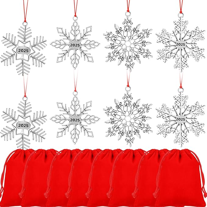 Zhengmy 8 Pieces Christmas Ornaments 2025 Solid Pewter Christmas Tree Ornament Metal Gnomes Santa Angel Snowman Hanging Craft Xmas Gifts with Red Bags(Snowflake)