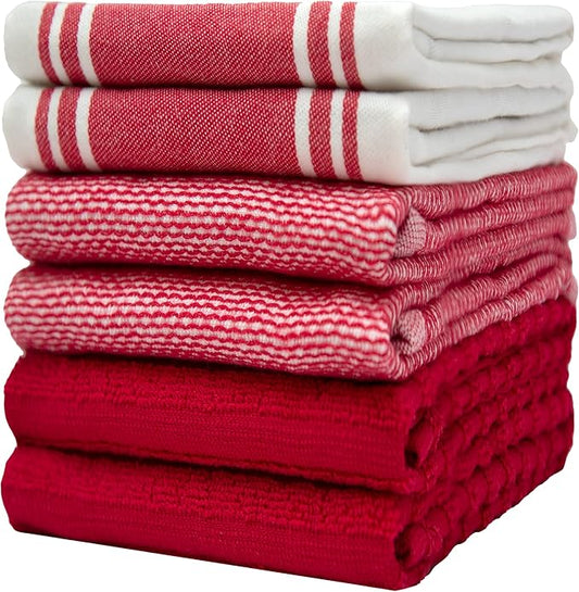 Premium Kitchen Towels 6 Pack Large Cotton Hand Towels Flat Terry Absorbent Hanging Loop Wide Stripe Red 20x28