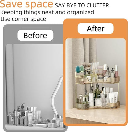 Corner Bathroom Counter Organizer with Top Toothbrush Holders, 2-Tier Make Up Organizers for Vanity with Brush Holder, Corner Storage for Bathroom, Kitchen, Dresser