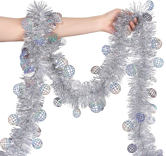 LOAVER 33 FT Christmas Silver Disco Ball Tinsel Garland,Metallic Tinsel Twist Garland Shiny Hanging Decoration for Christmas Tree Disco Party Home Supplies Staircase Railing Indoor Outdoor Decor