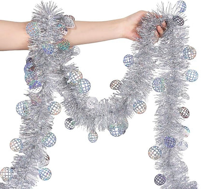 LOAVER 33 FT Christmas Silver Disco Ball Tinsel Garland,Metallic Tinsel Twist Garland Shiny Hanging Decoration for Christmas Tree Disco Party Home Supplies Staircase Railing Indoor Outdoor Decor