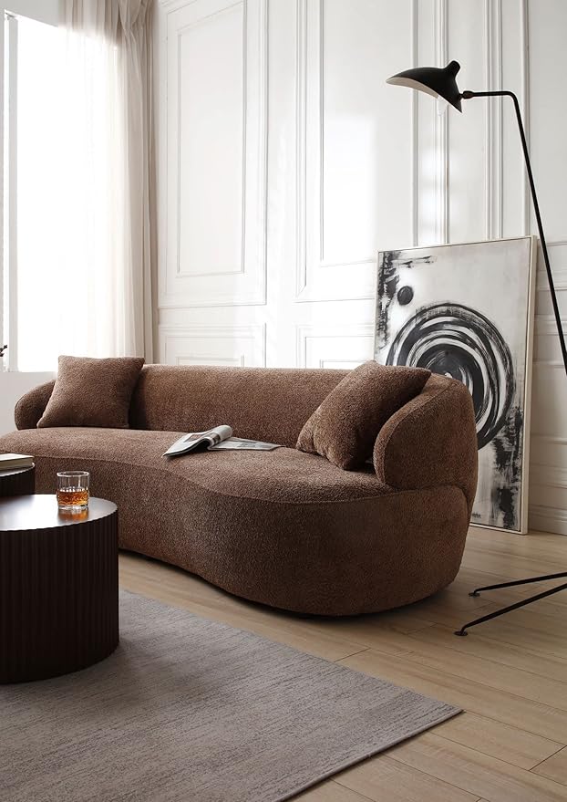 KEIKI 87" Curved Oversized Boucle Cloud Sofa with Thickened Seat Cushions and Backrest, Modern 3-Seater Upholstered Corner Fluffy Couch, No Assembly Required, for Apartment, Living Room, Dark Brown
