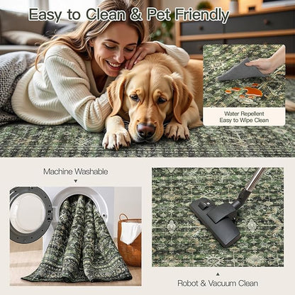 Lofus 5x7 Area Rug for Living Room,Green Washable Area Rugs with Non-Slip Backing,Soft Boho Carpets for Bedroom Dining Room Home Office Indoor Nursery